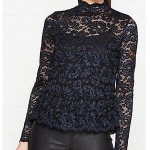 AllSaints Ellen Black and Blue Lace Mock Neck Top. New !!!Size 6